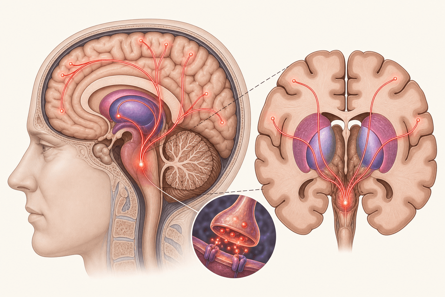 Brain anatomy illustration showing basal ganglia and dopamine pathways