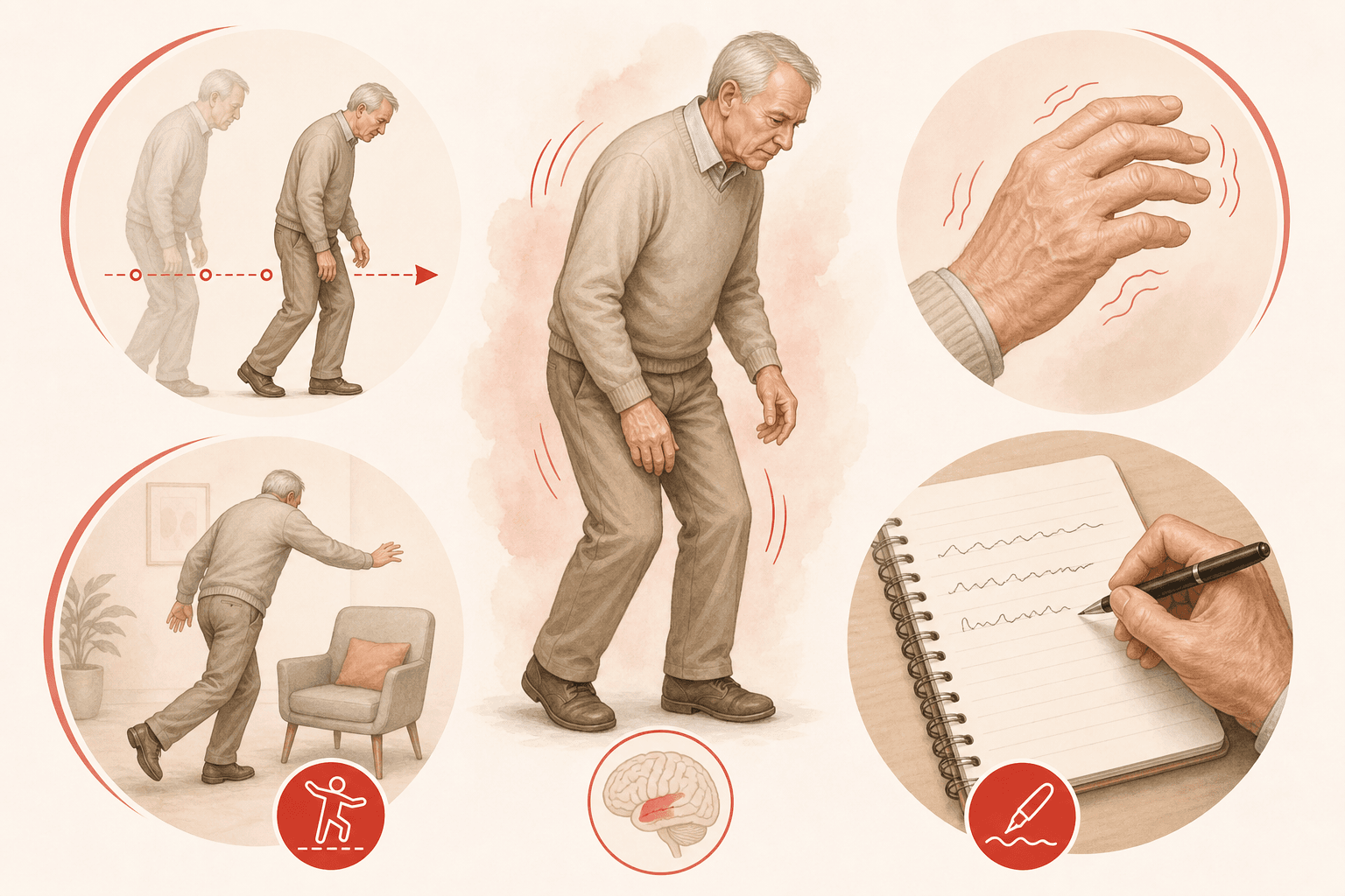 Illustration of Parkinson's disease symptoms including tremor, slowed movement, and balance changes