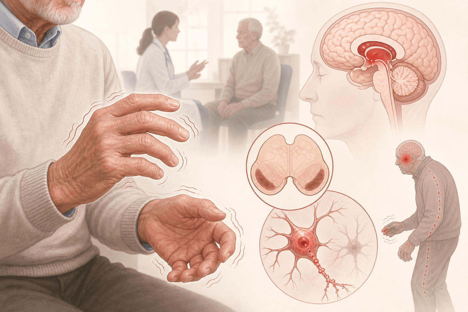 Illustration of Parkinson's disease symptoms including hand tremor during neurological evaluation